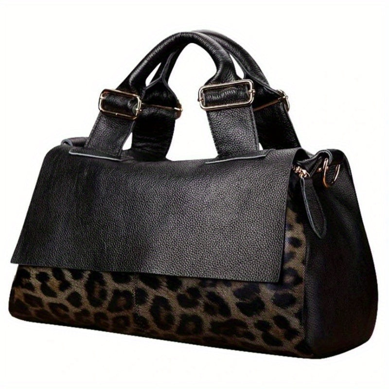 Fashion Genuine Leather Big Tote Handbags Leopard Pattern Soft Ladies Shoulder Bags