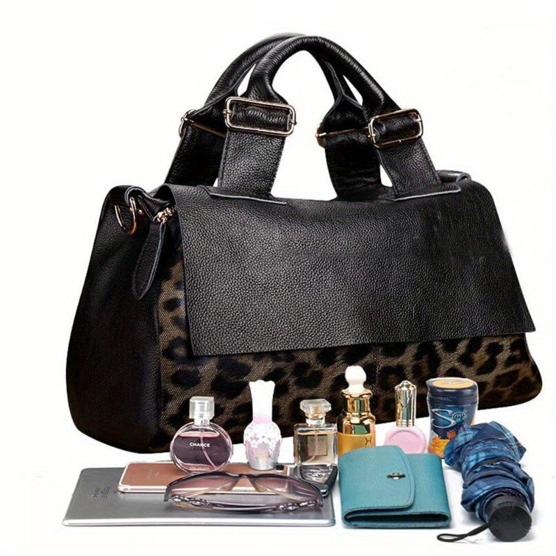 Fashion Genuine Leather Big Tote Handbags Leopard Pattern Soft Ladies Shoulder Bags