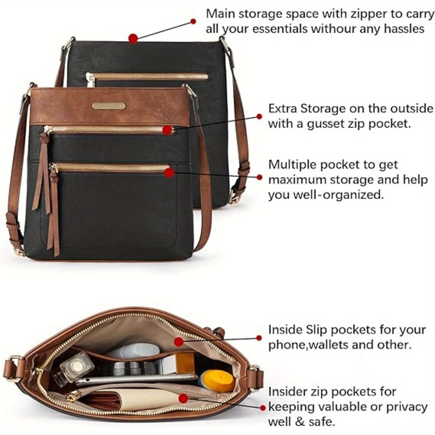 Crossbody Bags Purses for Women Stylish Soft Leather Shoulder Handbags with Long Adjustable Strap Zipper Pocket Medium