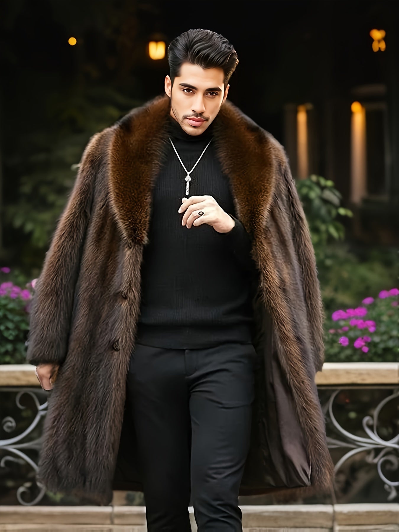 Trendy Men's Faux Fur Single-Breasted Overcoat, Warm Winter Jacket for Autumn Outdoor Leisurewear