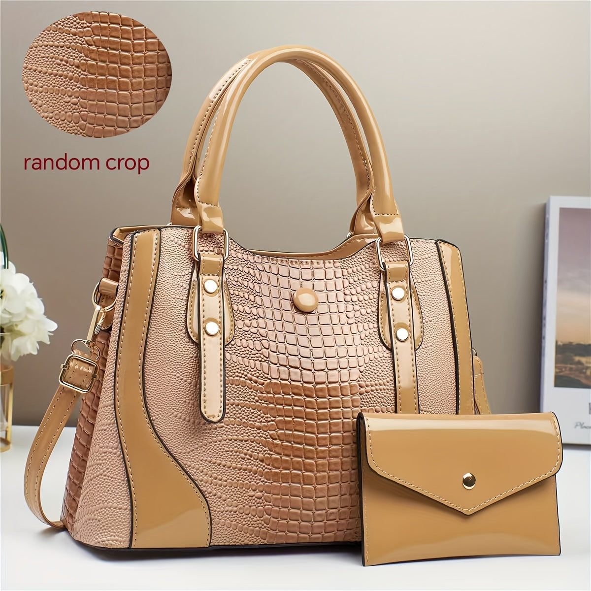 2-Piece Set Crocodile-Embossed PU Leather Handbags, Large Capacity Retro Style Bag, Fashionable Tote & Crossbody Bag For Women With Shoulder Strap