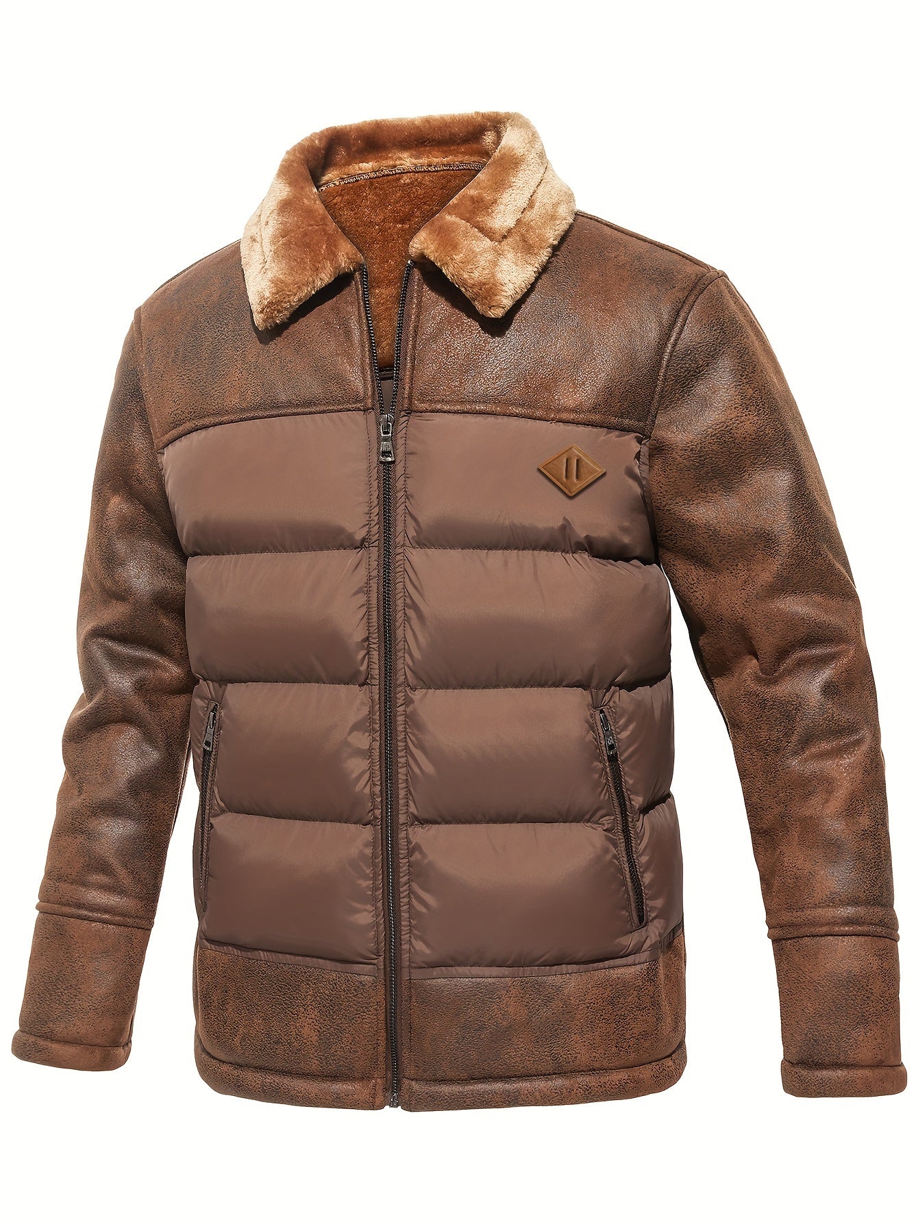 Men's Casual Winter Jacket - Warm Fleece-Lined Coat with Zippered Pockets, Brown & Beige Design, Perfect for Outdoor Activities & Casual Attire, Cold Weather Gear | Sleek Look | Suedelike Finish, Winter Clothes