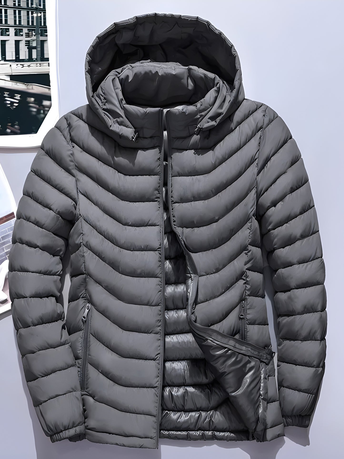 Men's Elegant Hooded Winter Jacket - Warm, Windproof with Removable Hood & Zipper Pockets