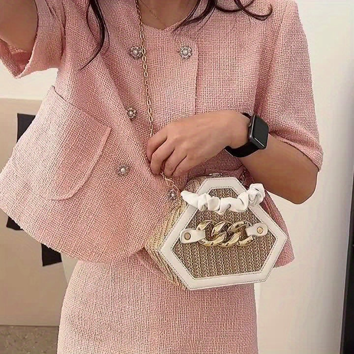 [Woven Handbag | Golden-Tone] Women's Woven Handbag | Golden-Tone Hardware & Chain Strap | Hexagonal Box Purse in Black/Beige | Durable Paper Material & Lining | Elegant Everyday & Formal Events | Crossbody or Handheld Bag |