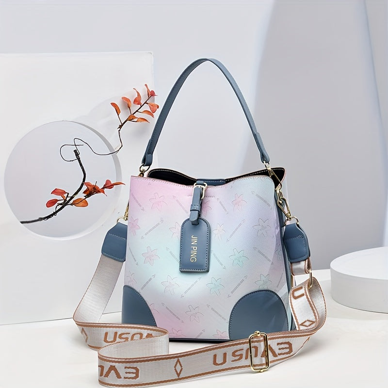 Trendy Ombre Bucket Bag, Letter Print Handbag, Fashion Buckle Decor Handbags, Women'S Every Day Purses