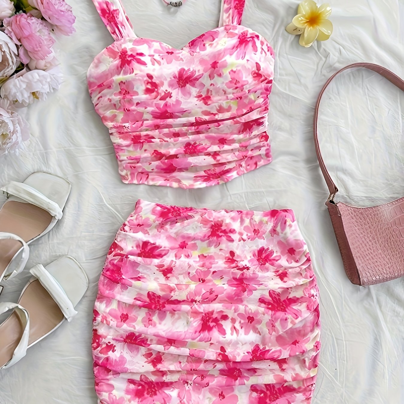 [Sensual Dress] Sexy Two-piece Dress | Elegant V-neck Sleeveless Camisole And Small Floral Skirt, Cute, Fashionable, Perfect for Spring And Summer