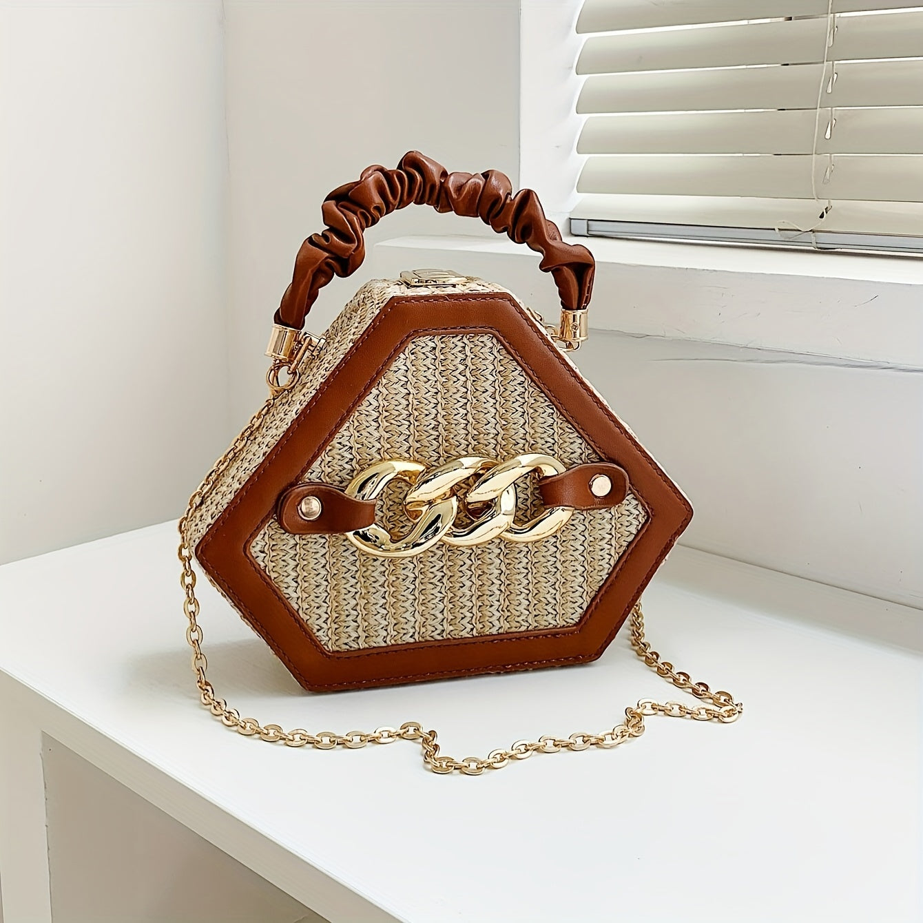 [Woven Handbag | Golden-Tone] Women's Woven Handbag | Golden-Tone Hardware & Chain Strap | Hexagonal Box Purse in Black/Beige | Durable Paper Material & Lining | Elegant Everyday & Formal Events | Crossbody or Handheld Bag |