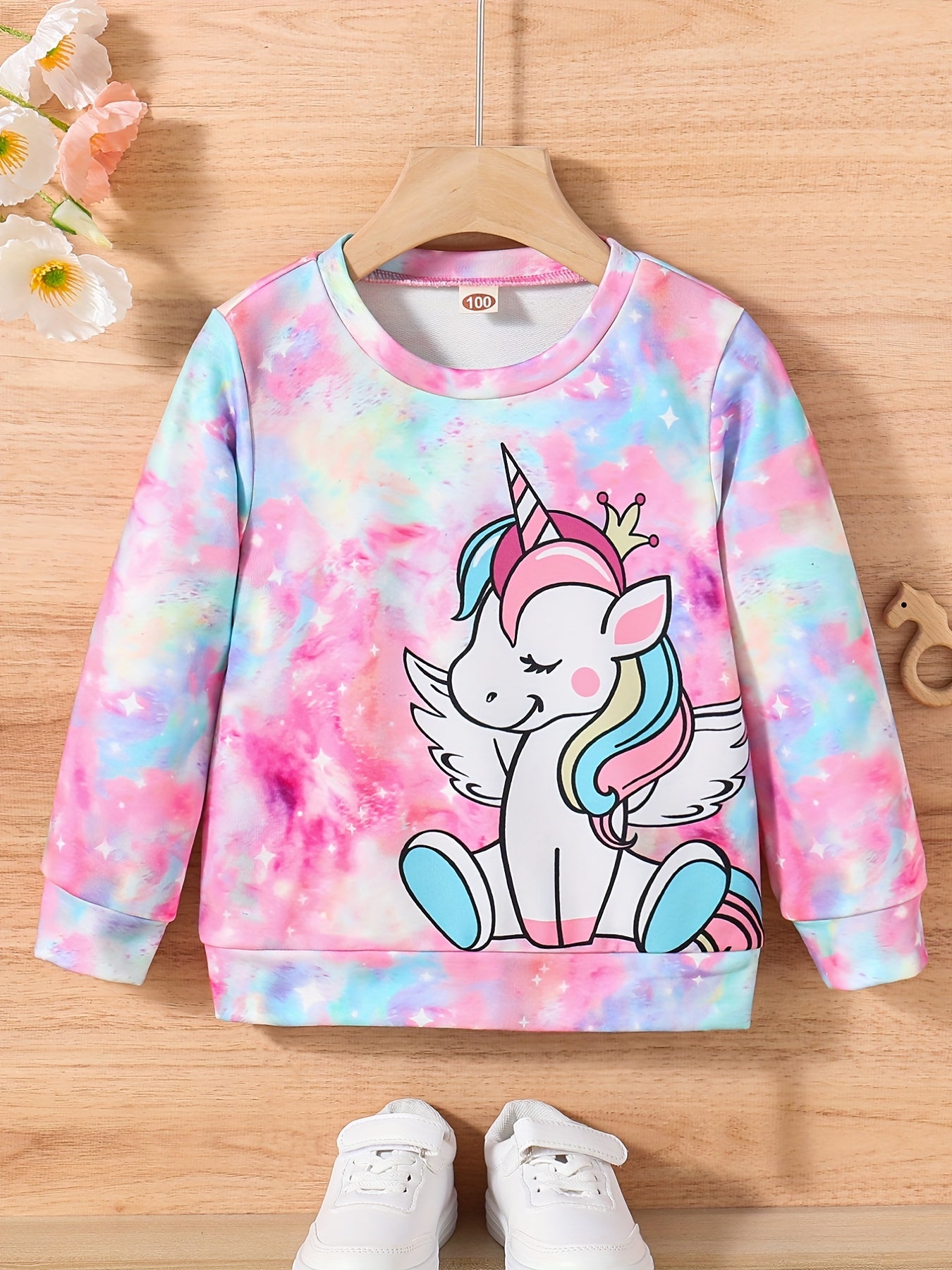 Girls Cute Unicorn & Tie Dye Crew Neck Sweatshirt Regular Fit Long Sleeve Shirt Tops Kids Spring/ Fall Clothes