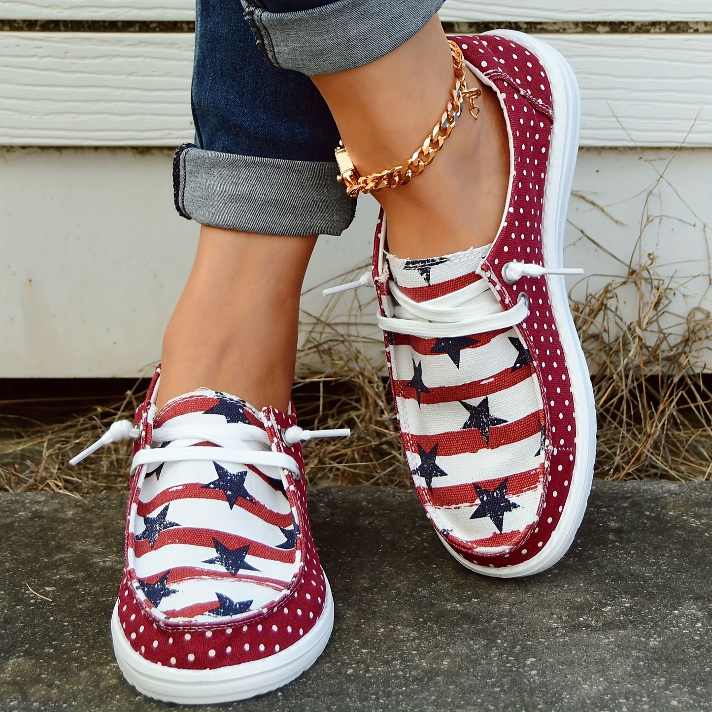 [Comfortable Skateboard Shoes] Summer Independence Day Ladies Soft-Soled Outdoor Skateboard Shoes, Casual Striped Star Low-Top Comfortable Large Women's Shoes