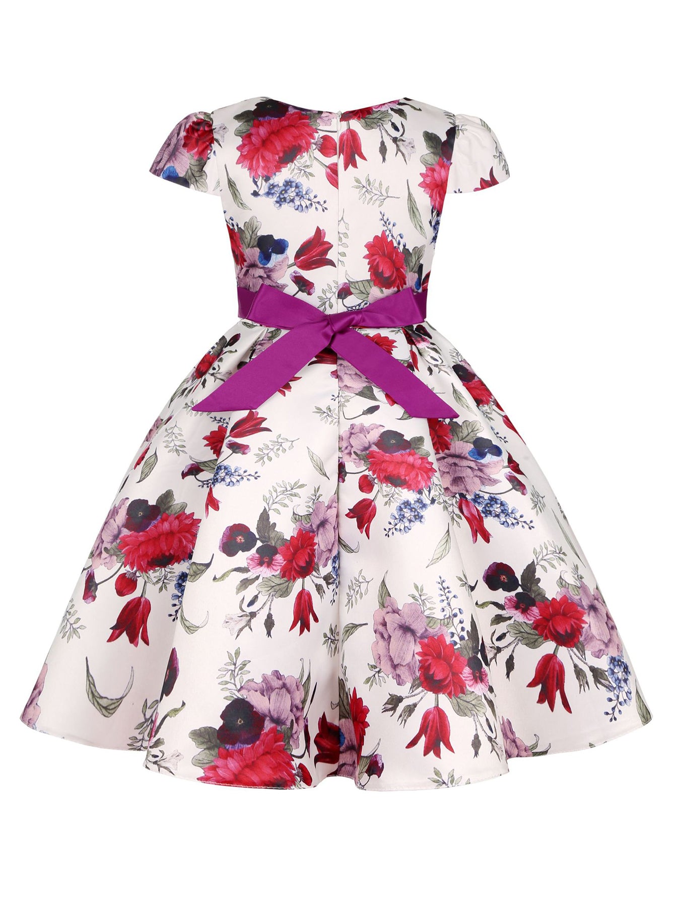 Children Eden Girls' Elegant Rose Floral Print A-Line Party Dress with Ruffled Short Sleeves & Ribbon Bow - Pink & Beige Floral Print, Slim-Fit Waist, Machine Washable, All-Season Wear for Weddings, Easter, Birthdays (Ages 3-