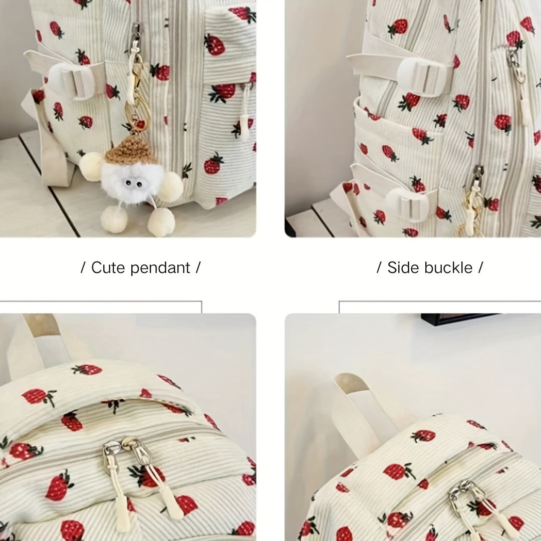 Women's Floral & Ladybug Print Backpack with Plush Fleece Lining - Adjustable Strap, Soft Shell School Backpack with Heart Cutouts & Pom-Pom Charm, Beige & Red Design, Zipper Closure, Lining & Fleece Exterior for Casual, Coll