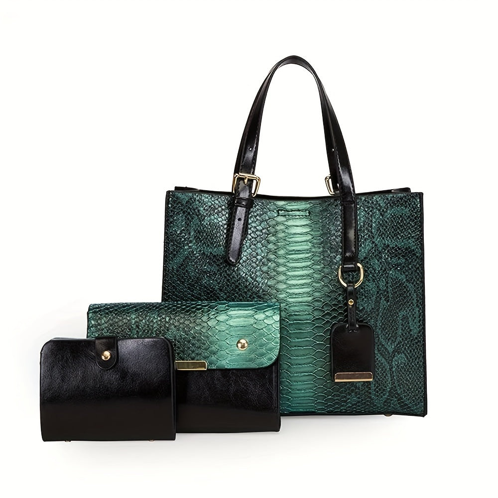 [Vintage Crocodile Handbags] 3-Piece Set Stylish Women's Faux Leather Handbags, Crocodile Pattern Tote With Matching Clutch & Wallet, Vintage Design Crossbody Bag