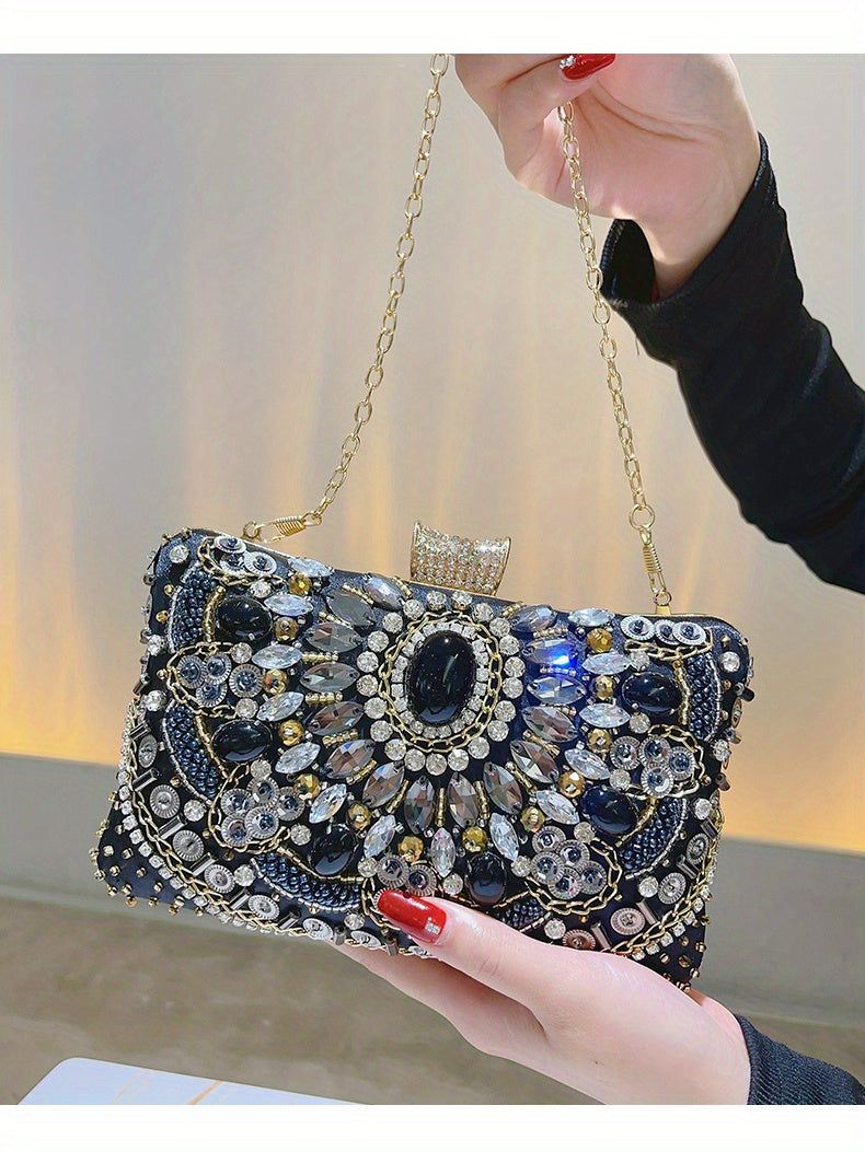 [One Beaded Rhinestone Evening Bag] Beaded Rhinestone Evening Bag, Elegant Box Clutch Purse, Women's Wedding Handbags For Party Prom