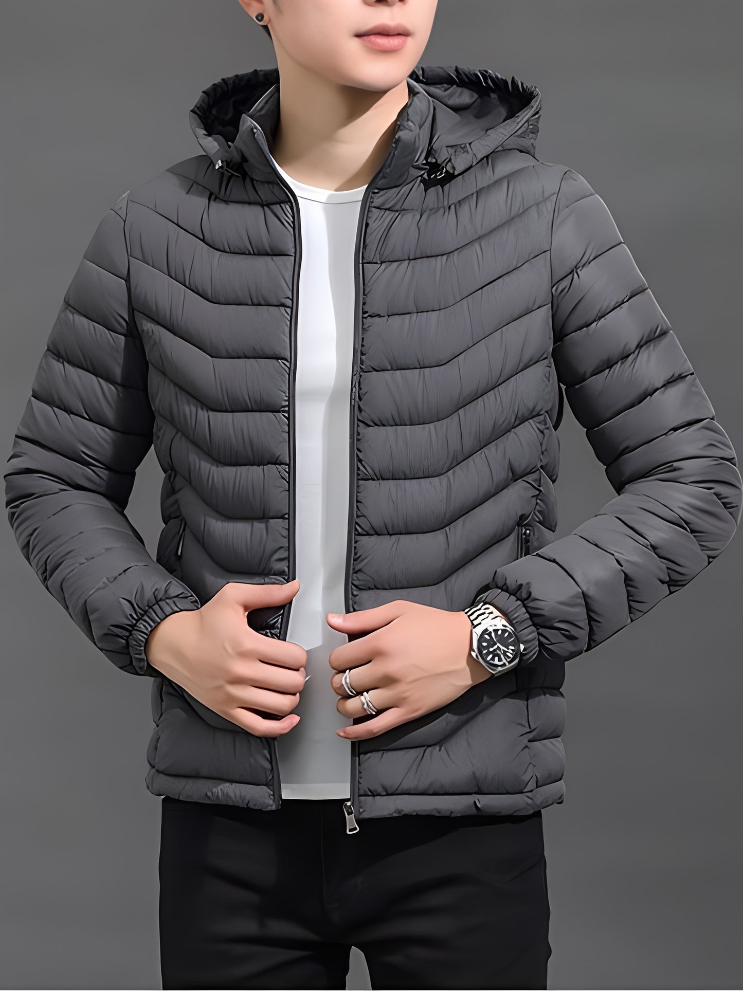 Men's Elegant Hooded Winter Jacket - Warm, Windproof with Removable Hood & Zipper Pockets