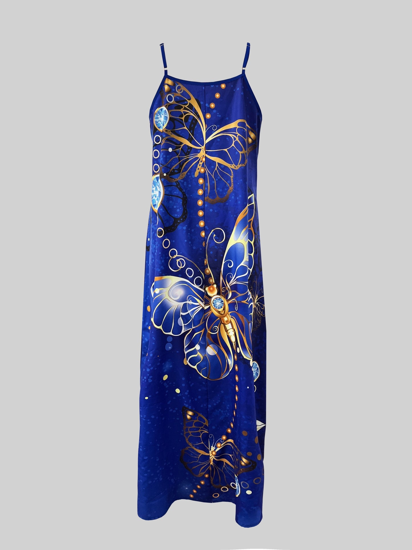 Casual Loose Two-piece Dress Set, Solid Long Sleeve Open Front Top & Butterfly Print Spaghetti Strap Dress Outfits, Women's Clothing