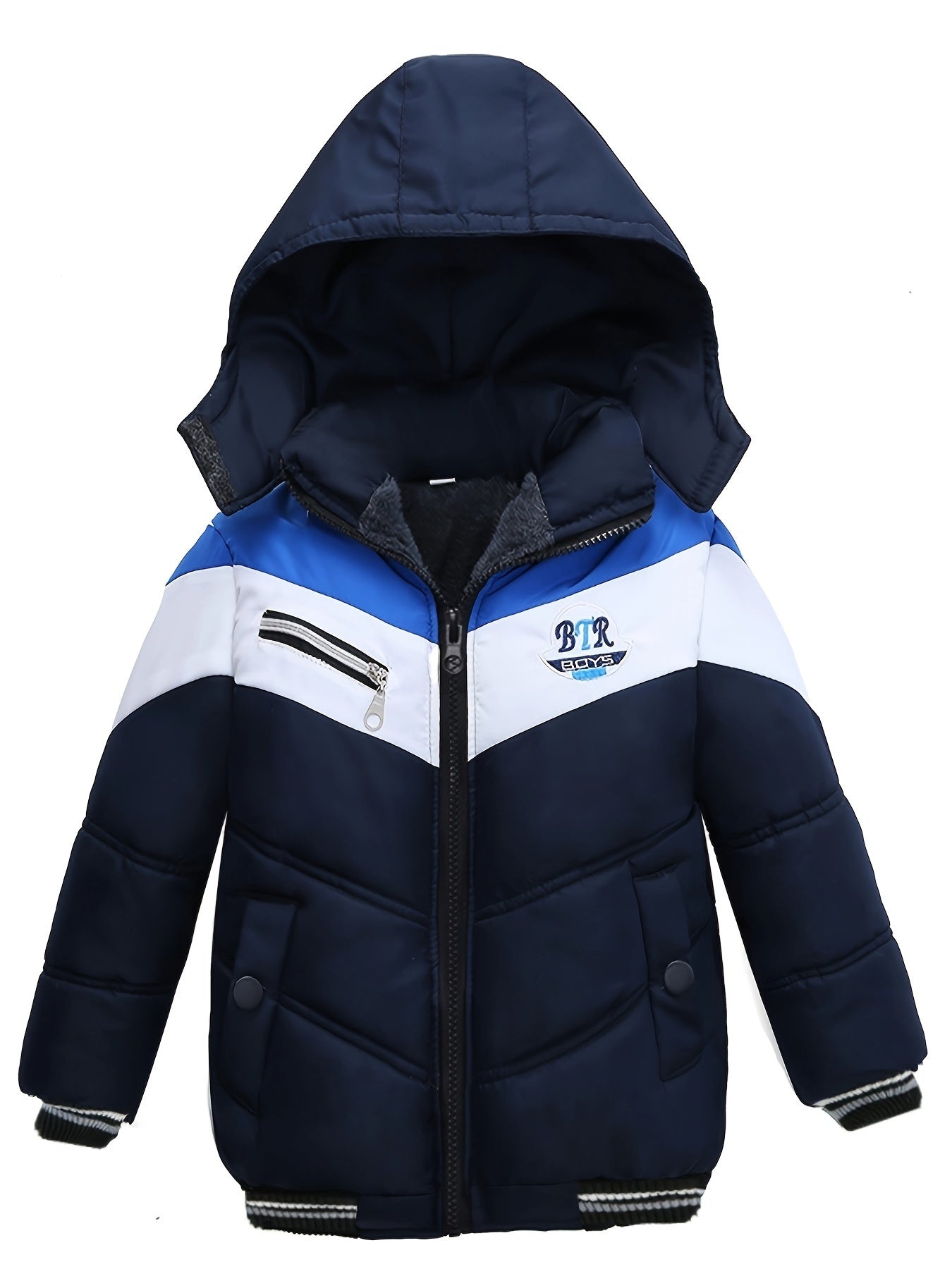 Stylish Blue & White Winter Jacket with "BR" Logo - Warm, Casual, Long-Sleeve Hooded Coat for Fall and Winter, Polyester Filled, Casual Winter Wear | Stylish Winter Jacket | Zippered Jacket