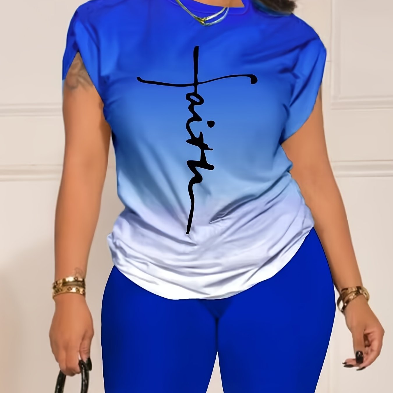 Casual Daily Two-piece Set, Faith Letter Print Short Sleeve Tops & Solid Shorts Outfits, Women's Clothing