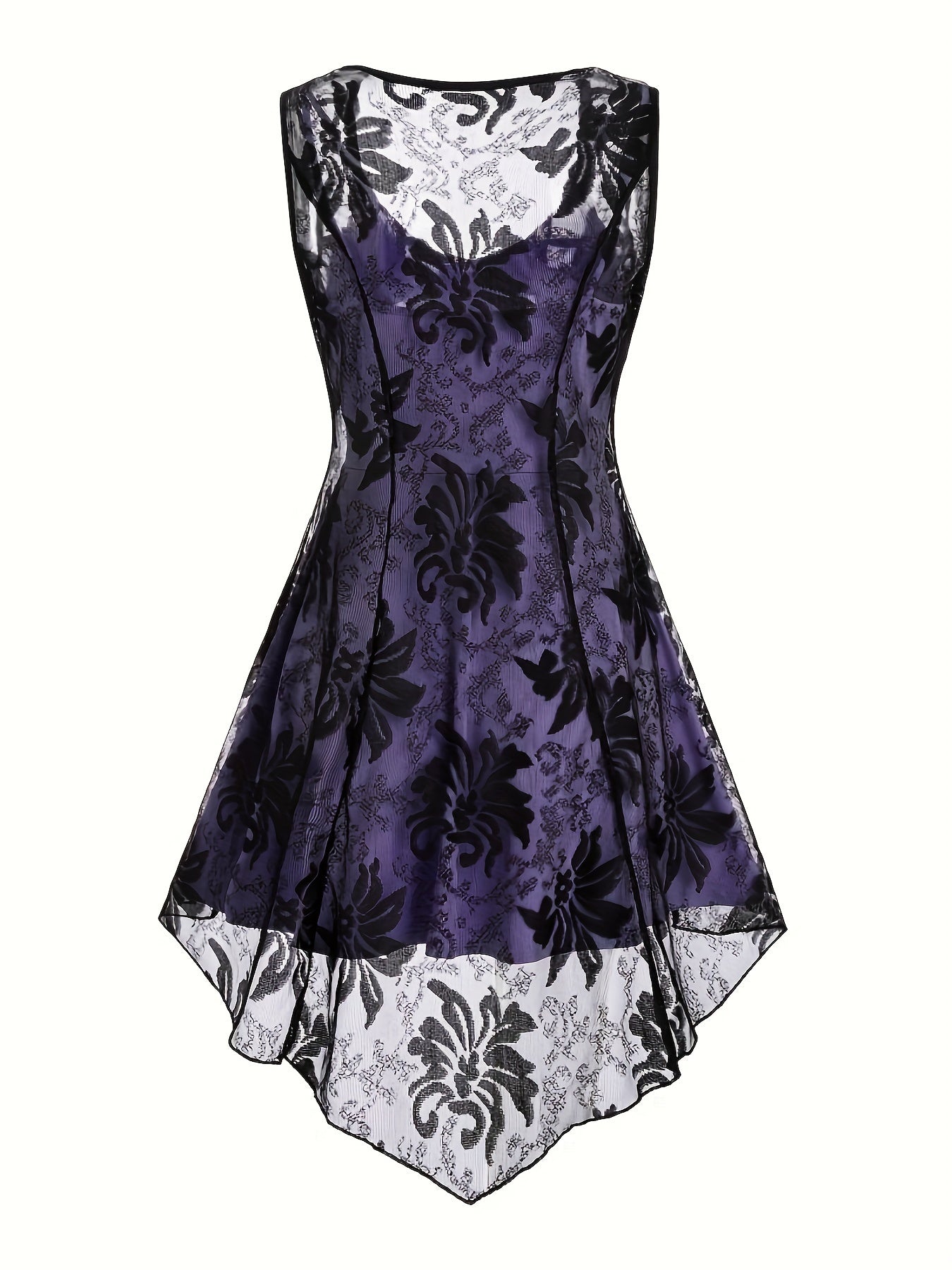 [Two-piece V Neck Dress Set] Casual Flare Two-piece Dress Set, V Neck Sleeveless Cami Dress & Button Front Asymmetric Hem Lace Top Outfits, Women's Clothing