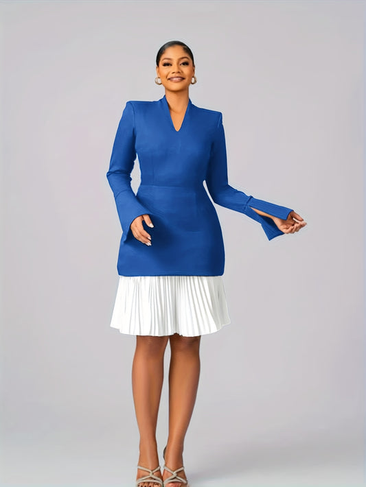 [Waist-Cinched Two-Piece Dress] Waist-Cinched V-Neck Blue and White Two-Piece Dress | Women's Color Block Pleated Skirt, Long Sleeve Midi Workwear Flare Dress for Office Style