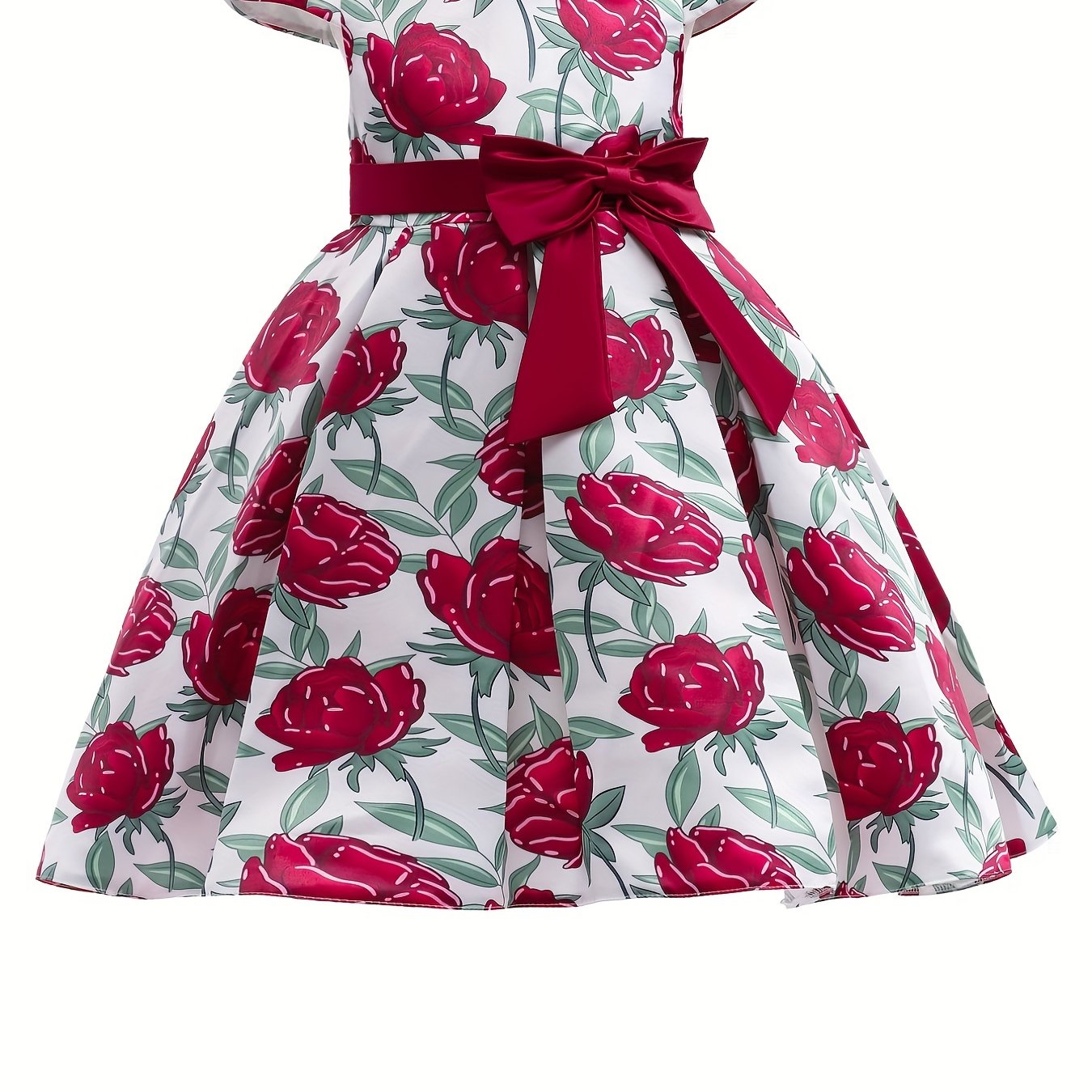 Children Eden Girls' Elegant Rose Floral Print A-Line Party Dress with Ruffled Short Sleeves & Ribbon Bow - Pink & Beige Floral Print, Slim-Fit Waist, Machine Washable, All-Season Wear for Weddings, Easter, Birthdays (Ages 3-