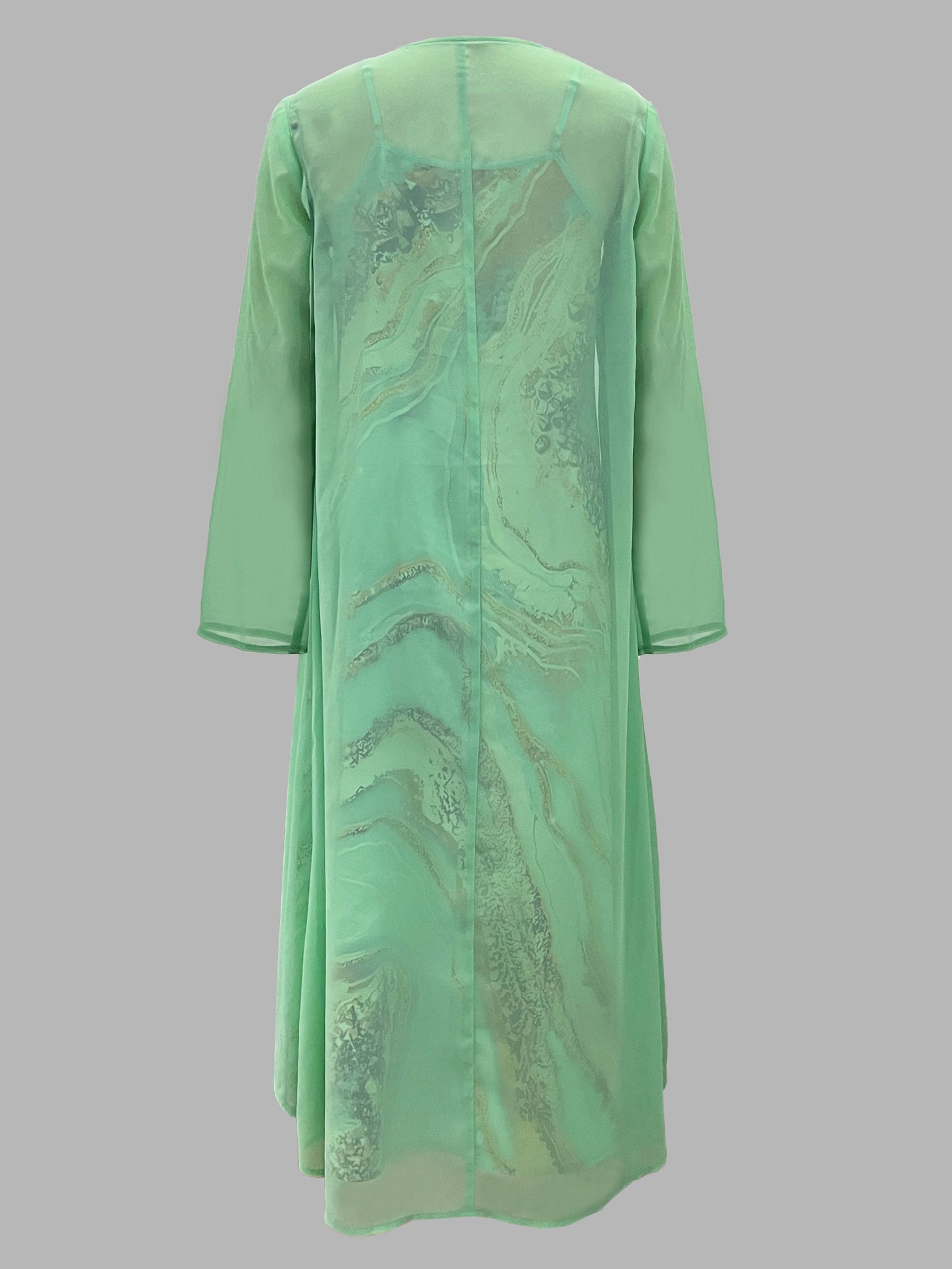 Chic Two-Piece Dress Set - Elegant Loose Fit with Solid Long Sleeve Coat & Marble-Printed Sleeveless Spaghetti Strap Dress, Perfect for Versatile Style and Comfort