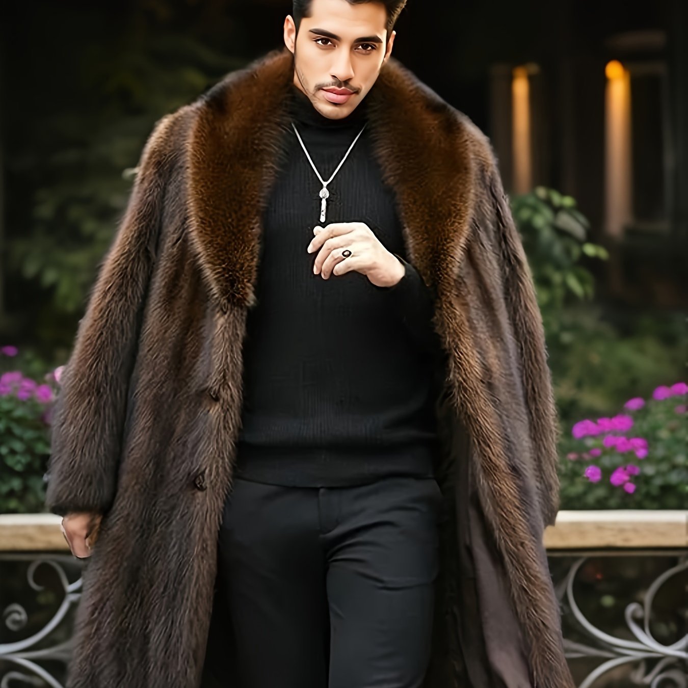 Trendy Men's Faux Fur Single-Breasted Overcoat, Warm Winter Jacket for Autumn Outdoor Leisurewear