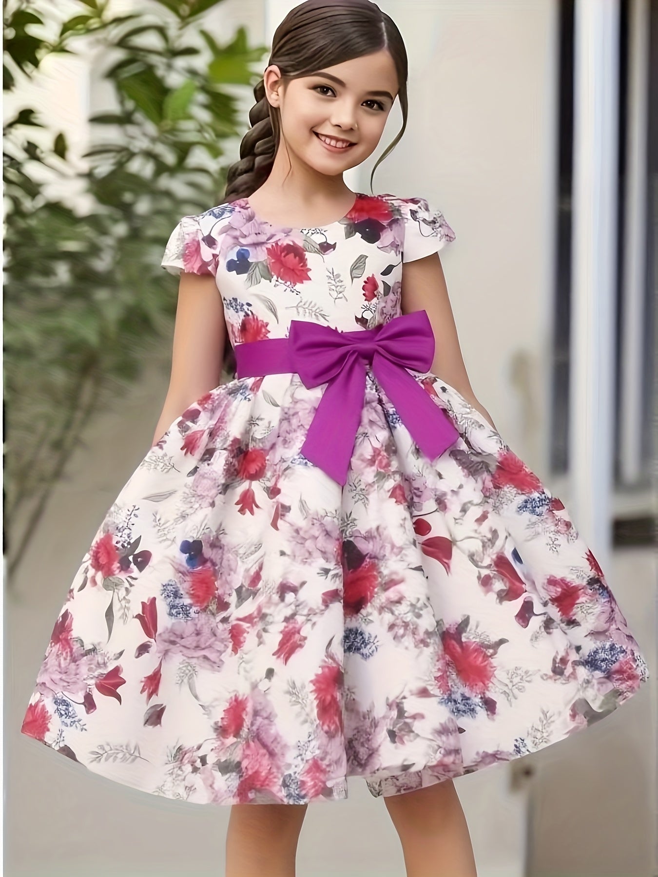 Children Eden Girls' Elegant Rose Floral Print A-Line Party Dress with Ruffled Short Sleeves & Ribbon Bow - Pink & Beige Floral Print, Slim-Fit Waist, Machine Washable, All-Season Wear for Weddings, Easter, Birthdays (Ages 3-