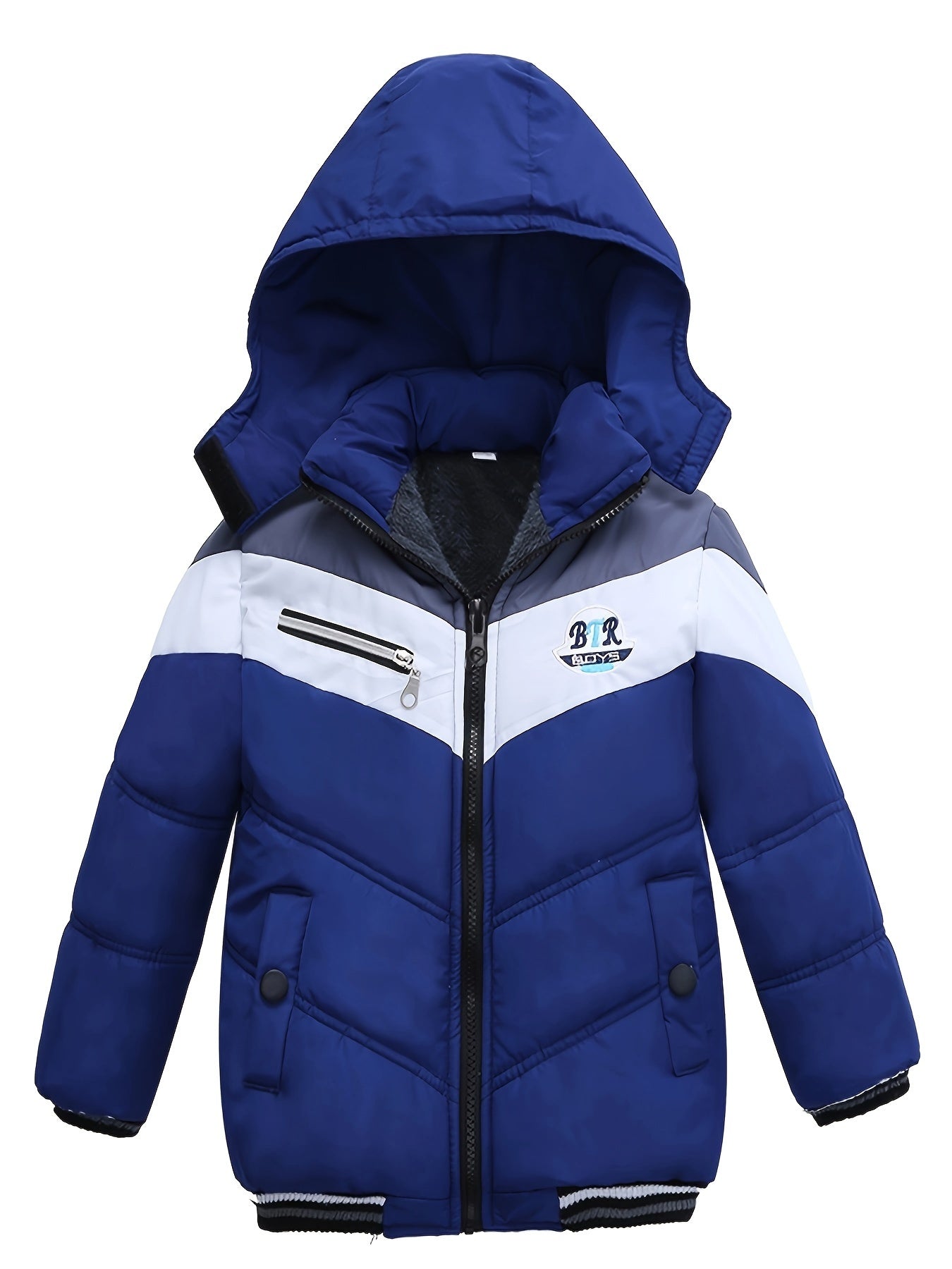 Stylish Blue & White Winter Jacket with "BR" Logo - Warm, Casual, Long-Sleeve Hooded Coat for Fall and Winter, Polyester Filled, Casual Winter Wear | Stylish Winter Jacket | Zippered Jacket
