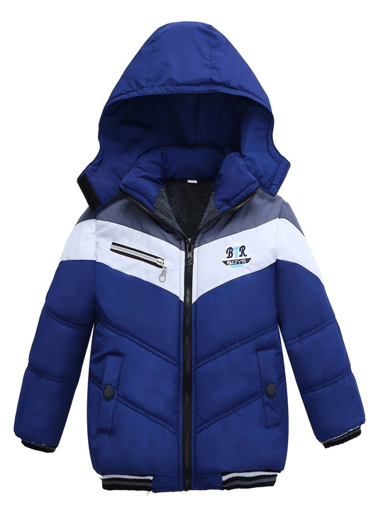 Stylish Blue & White Winter Jacket with "BR" Logo - Warm, Casual, Long-Sleeve Hooded Coat for Fall and Winter, Polyester Filled, Casual Winter Wear | Stylish Winter Jacket | Zippered Jacket
