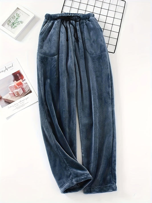 Plus Size Men's Simple Style Casual Pajamas Bottoms Loose Pants, Solid Plush Thickened Warm Pants Home Pajamas Bottom