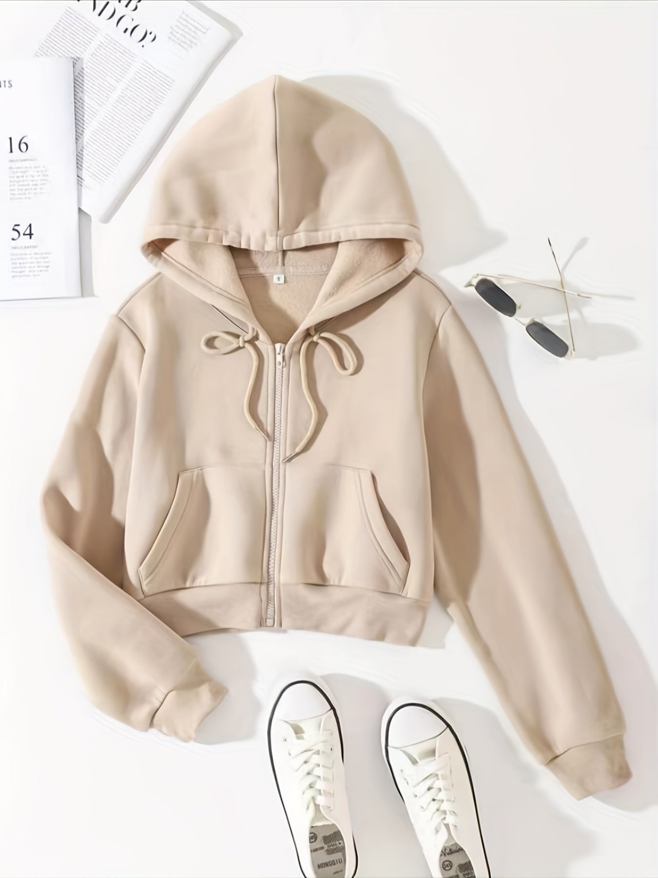 Thermal Lined Crop Hoodie - Solid Drawstring Zip Up Long Sleeve Pocket Front Sweatshirt - Women's Tops