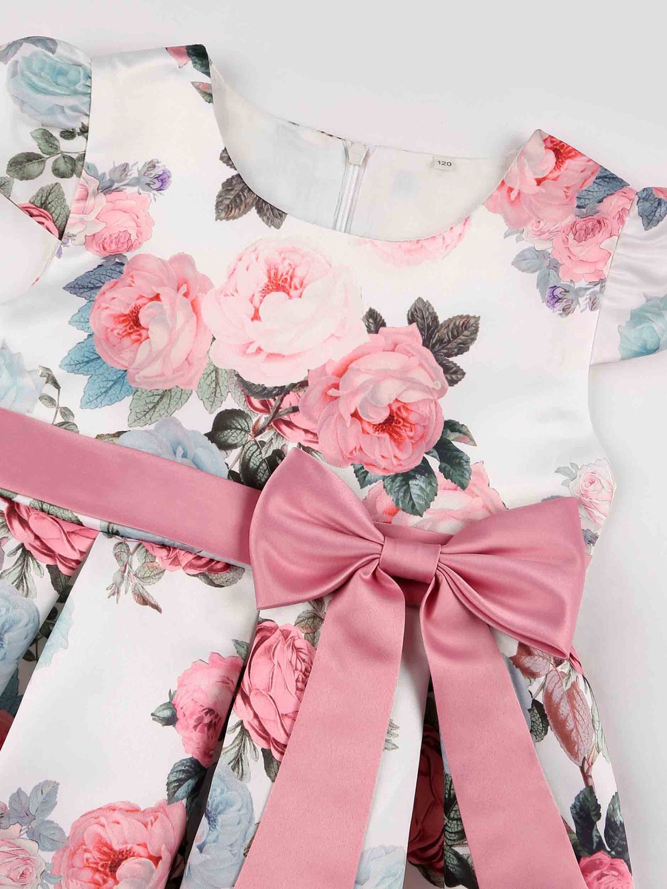 Children Eden Girls' Elegant Rose Floral Print A-Line Party Dress with Ruffled Short Sleeves & Ribbon Bow - Pink & Beige Floral Print, Slim-Fit Waist, Machine Washable, All-Season Wear for Weddings, Easter, Birthdays (Ages 3-