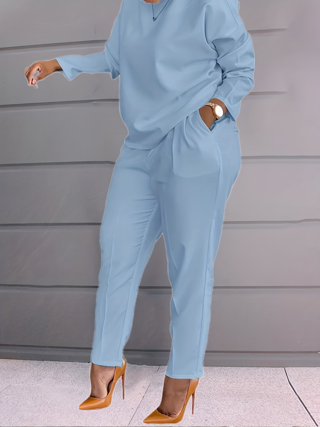 Solid Casual Two-piece Set, Crew Neck Long Sleeve Tops & Wide Leg Long Length Pants Outfits, Women's Clothing