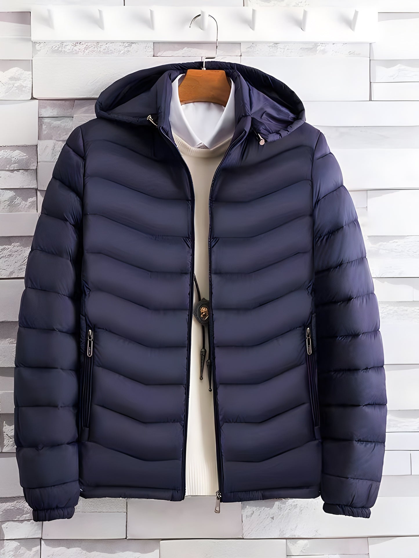 Men's Elegant Hooded Winter Jacket - Warm, Windproof with Removable Hood & Zipper Pockets