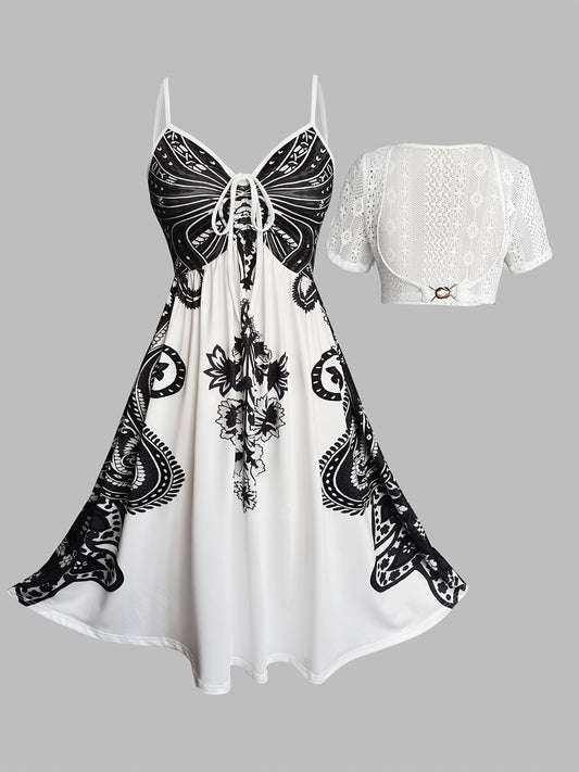 Vacation Ethnic Positioning Print Strap Skirt with Crochet Hollow Lace Short Outerwear Dress Two-Piece Set, Totem Print Vacation Two-Piece Dress Set, Spring and Summer Wearable Dress Two-Piece Set