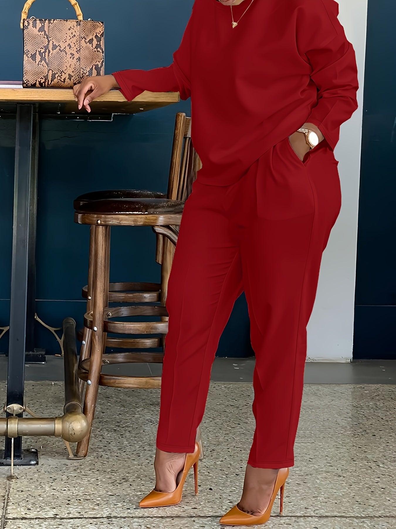 Solid Casual Two-piece Set, Crew Neck Long Sleeve Tops & Wide Leg Long Length Pants Outfits, Women's Clothing