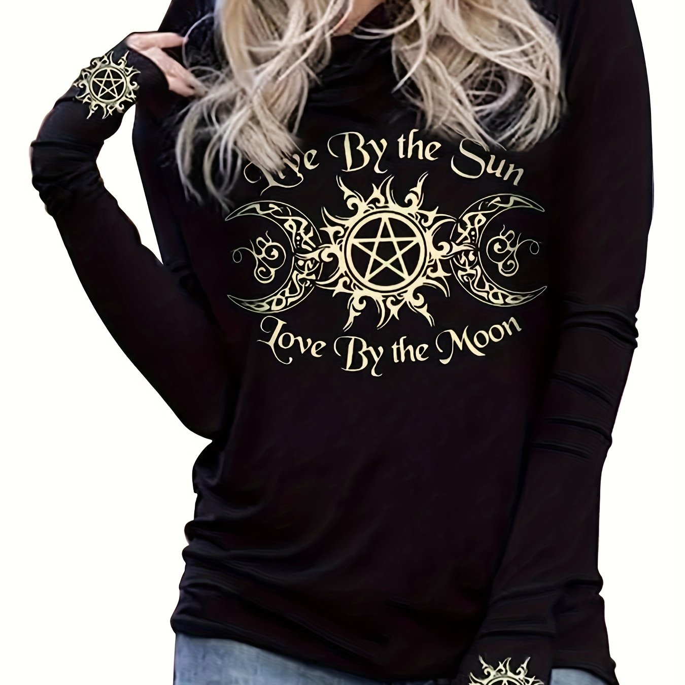 Gothic Print Hooded Long Sleeve T-Shirt for Women, Spring/Fall Casual Tops