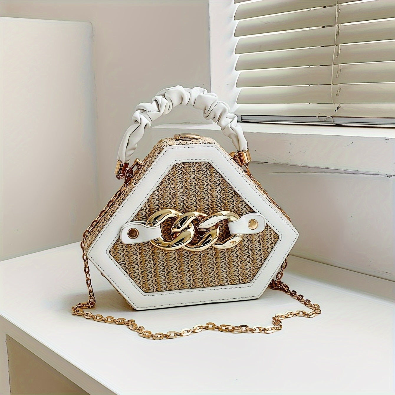 [Woven Handbag | Golden-Tone] Women's Woven Handbag | Golden-Tone Hardware & Chain Strap | Hexagonal Box Purse in Black/Beige | Durable Paper Material & Lining | Elegant Everyday & Formal Events | Crossbody or Handheld Bag |