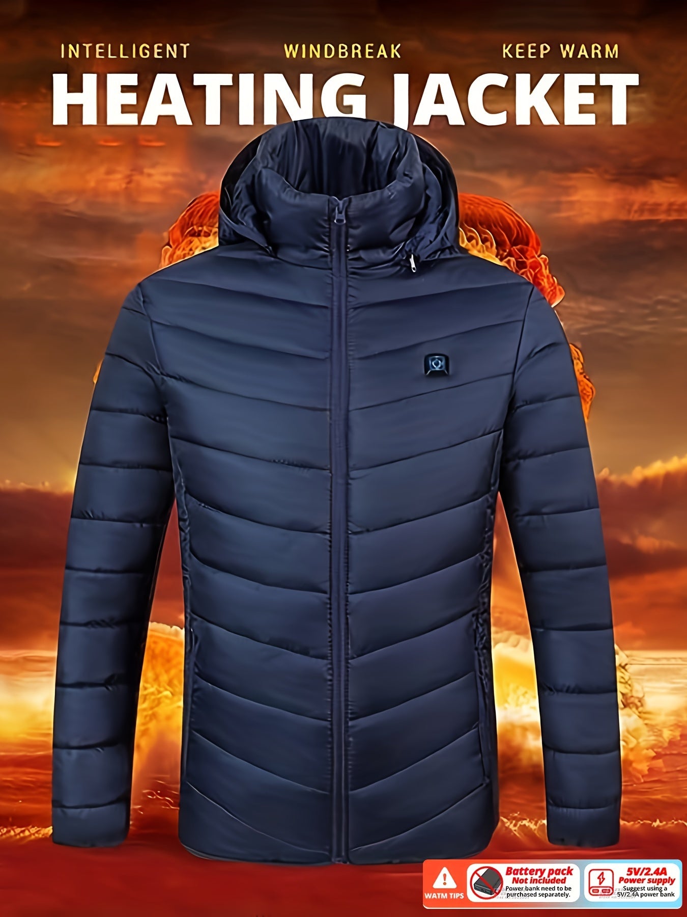Men's Lightweight Heated Jacket - USB-Powered, Quilted Winter Coat with Adjustable Temperature Control, Zip-Up Hooded Design, Long Sleeves, Outdoor Warmth (Battery Not Included), Winter Jacket