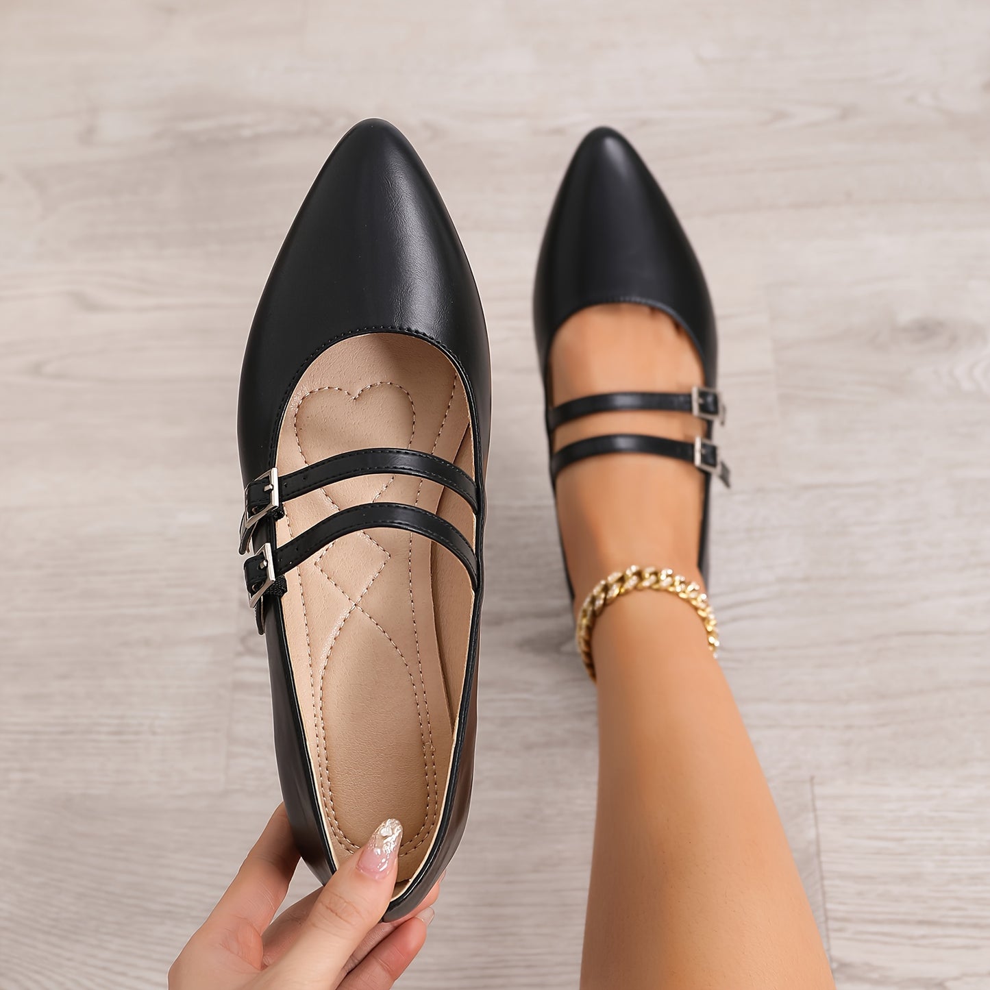 Pointed Red Single Shoes for Women Mary Jane Flat Versatile Retro Soft Cover with One-Word Buckle and Airy Choker Light Mouth Golden French Women's Shoes