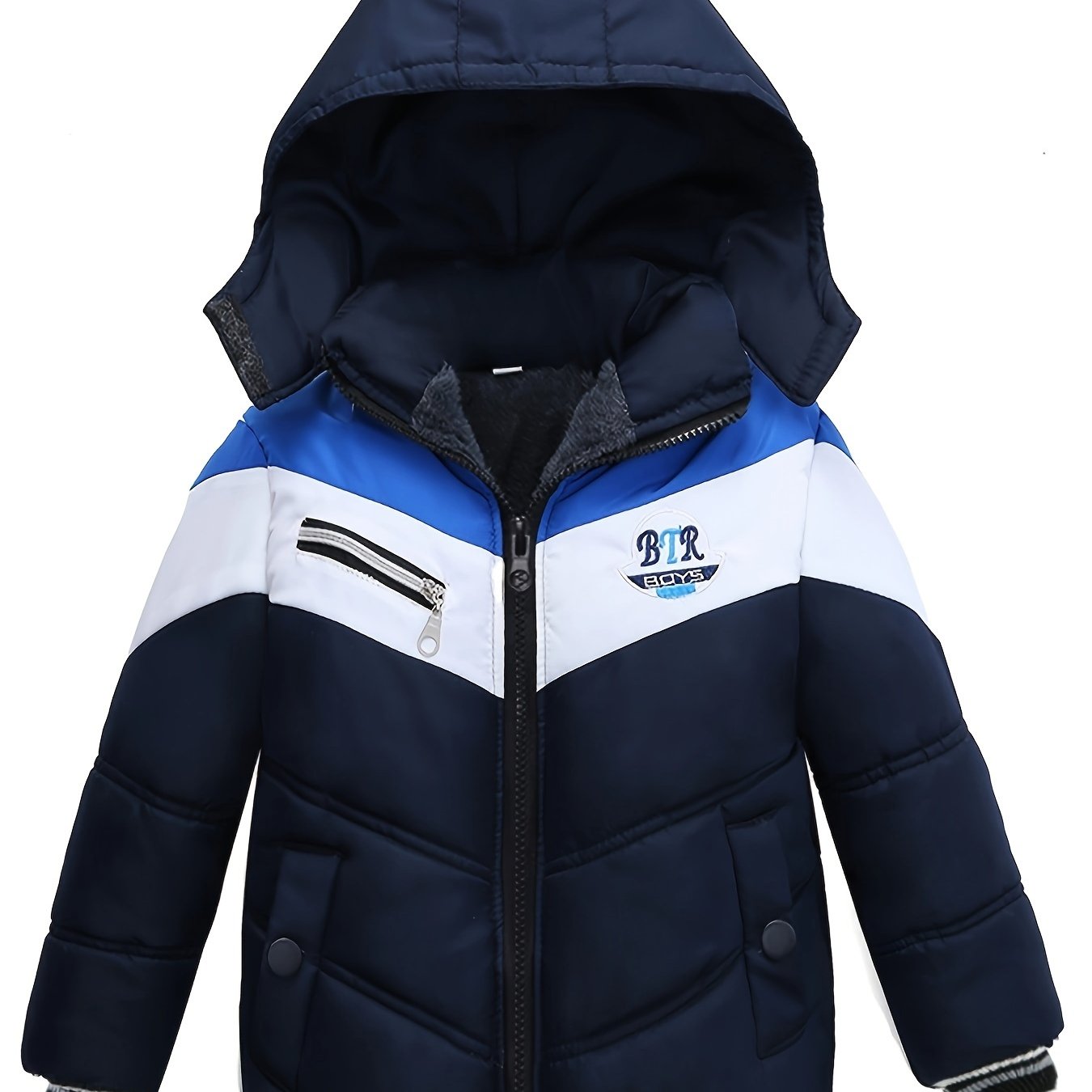Stylish Blue & White Winter Jacket with "BR" Logo - Warm, Casual, Long-Sleeve Hooded Coat for Fall and Winter, Polyester Filled, Casual Winter Wear | Stylish Winter Jacket | Zippered Jacket
