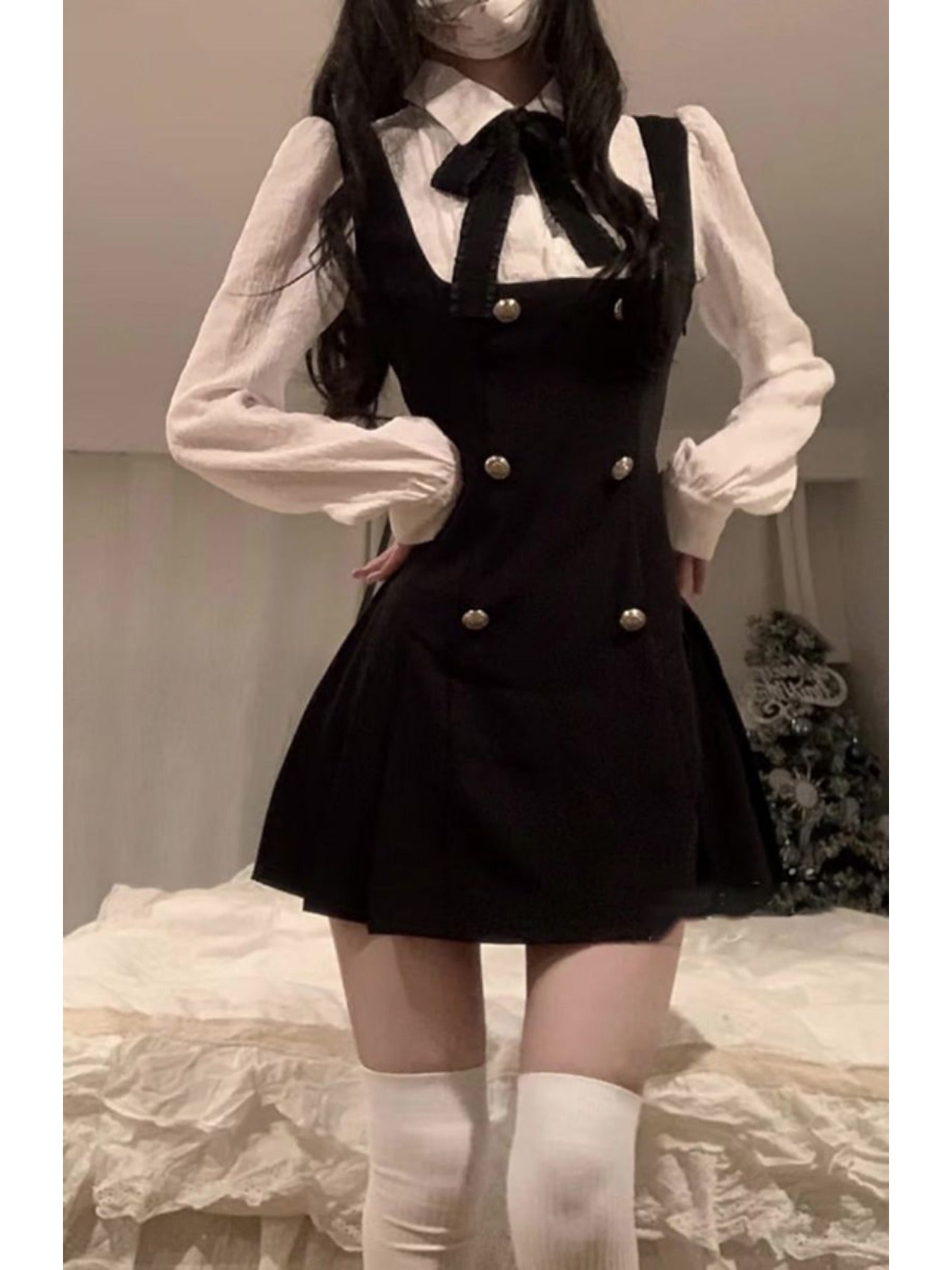 An elegant double-breasted A-line hem color clashing fake two-piece dress, bow tie neckline long-sleeved shirt dress, the fabric is comfortable, suitable for spring and autumn daily wear for various occasions, Women's clothin