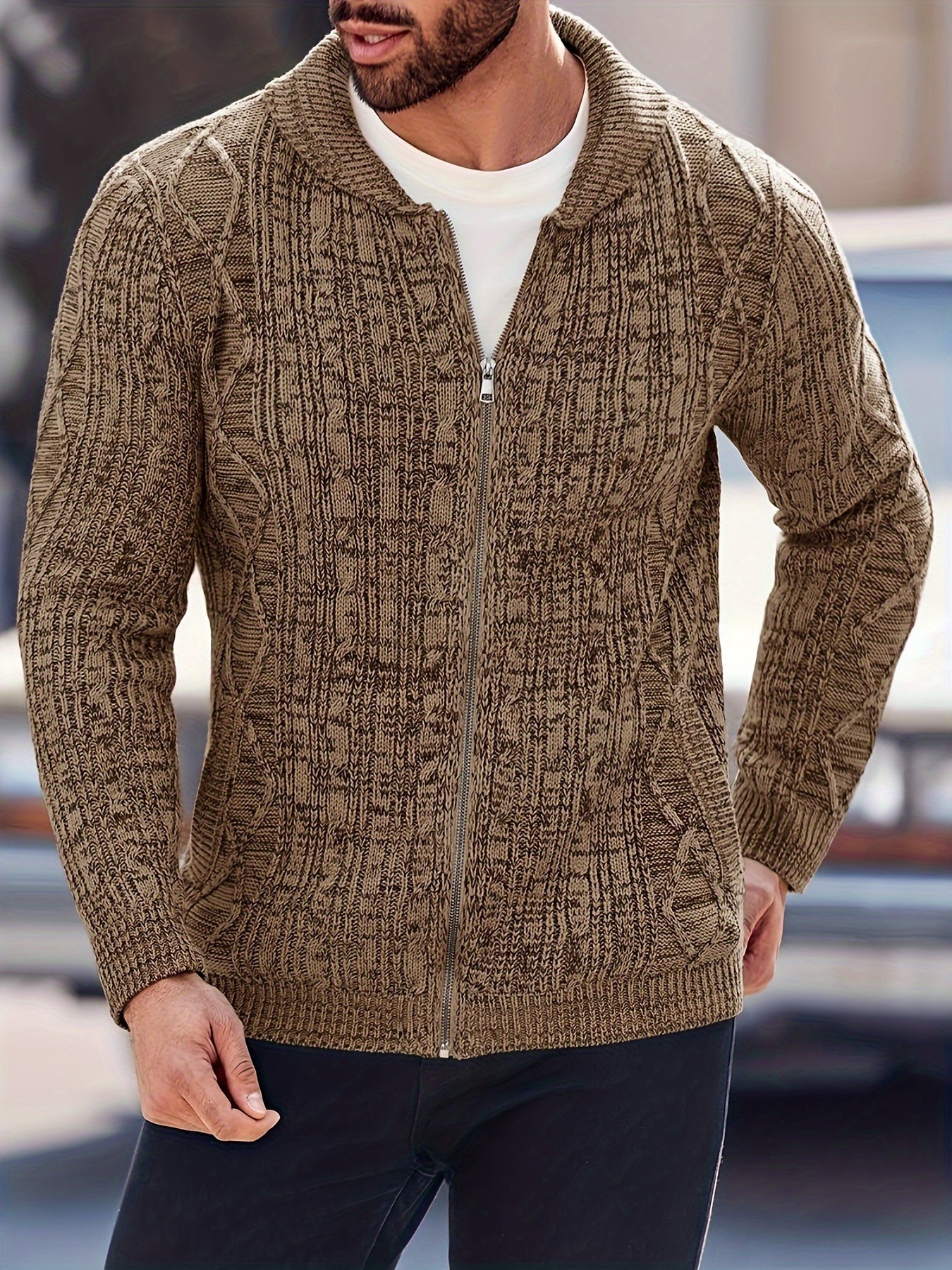 Mens Shawl Neck Cardigan Sweater Cable Knit Zip Up Closure with Pockets Winter Jacket Outerwear