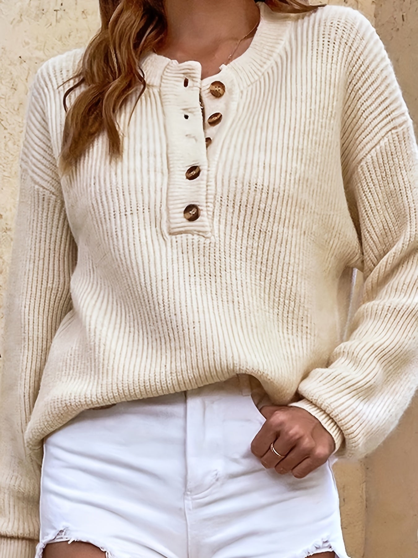 Women's Casual Pullover Sweater with Button Detail - Soft Round Neck Long Sleeve Solid Color Cozy Fall Winter Tops, Sweater, Autumn Wardrobe, Durable Knitwear