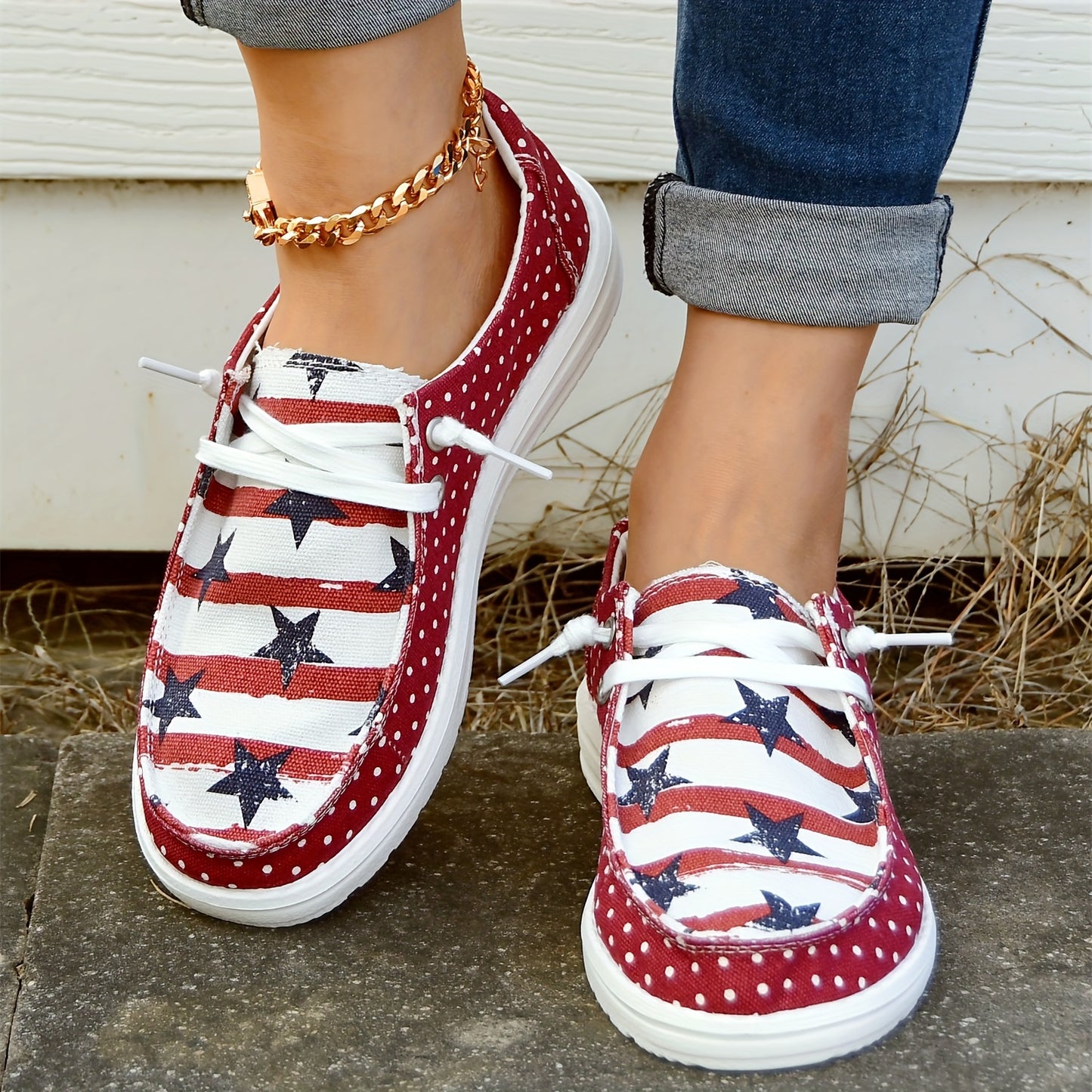 [Comfortable Skateboard Shoes] Summer Independence Day Ladies Soft-Soled Outdoor Skateboard Shoes, Casual Striped Star Low-Top Comfortable Large Women's Shoes