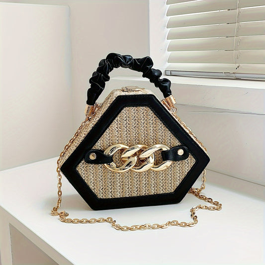 [Woven Handbag | Golden-Tone] Women's Woven Handbag | Golden-Tone Hardware & Chain Strap | Hexagonal Box Purse in Black/Beige | Durable Paper Material & Lining | Elegant Everyday & Formal Events | Crossbody or Handheld Bag |