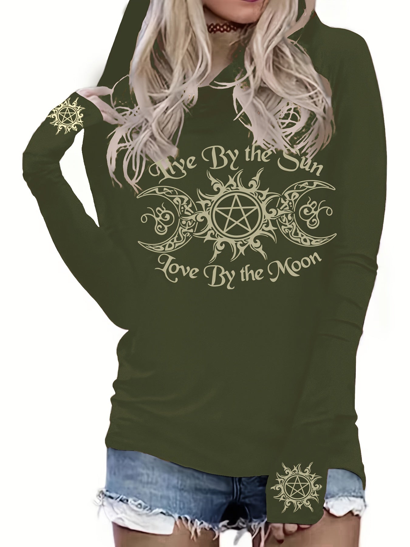 Gothic Print Hooded Long Sleeve T-Shirt for Women, Spring/Fall Casual Tops