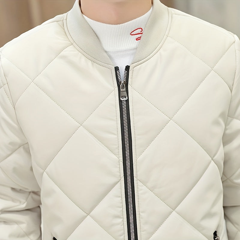 Cozy Fleece Winter Jacket - Quilted, Baseball Collar, Zipper Pockets, Water-Resistant, Breathable, Soft, Men's Casual Coat for Outdoor Activities