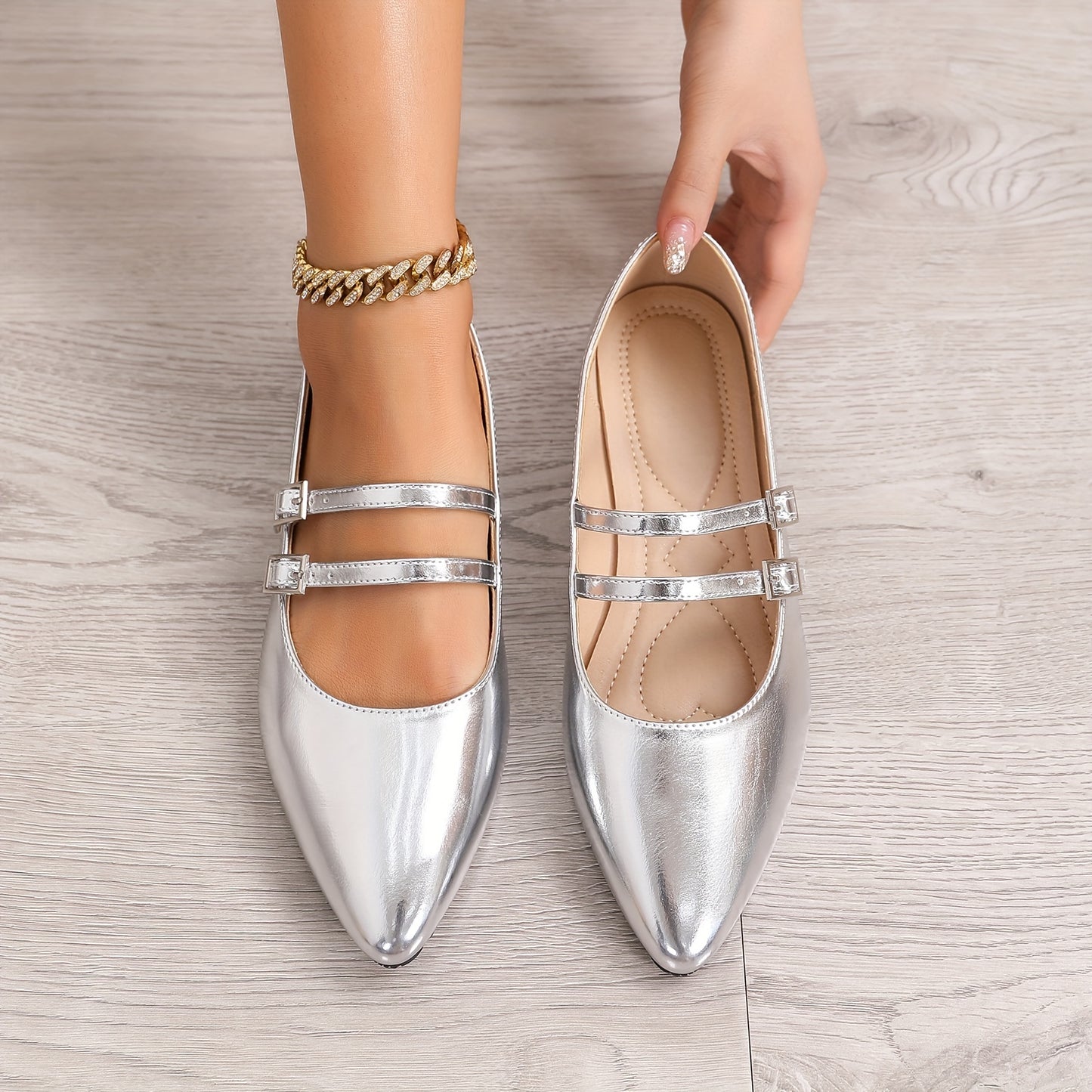 Pointed Red Single Shoes for Women Mary Jane Flat Versatile Retro Soft Cover with One-Word Buckle and Airy Choker Light Mouth Golden French Women's Shoes