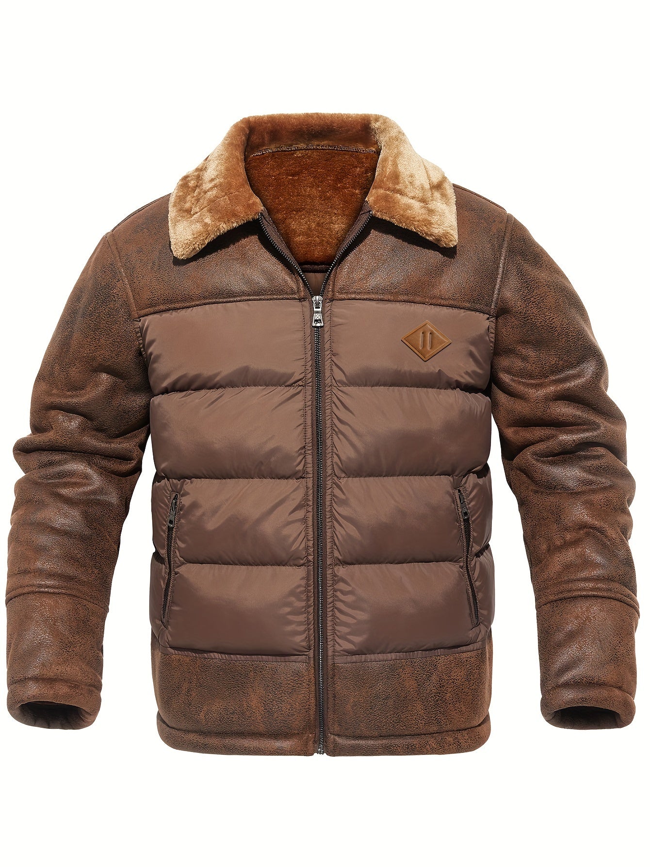 Men's Casual Winter Jacket - Warm Fleece-Lined Coat with Zippered Pockets, Brown & Beige Design, Perfect for Outdoor Activities & Casual Attire, Cold Weather Gear | Sleek Look | Suedelike Finish, Winter Clothes
